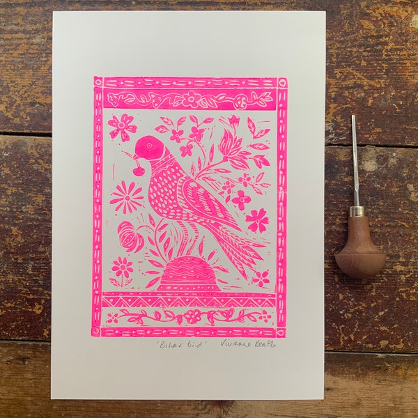 Linocut print Indian Folk Bird - Handprinted - A4 - Art Print - Wall Art