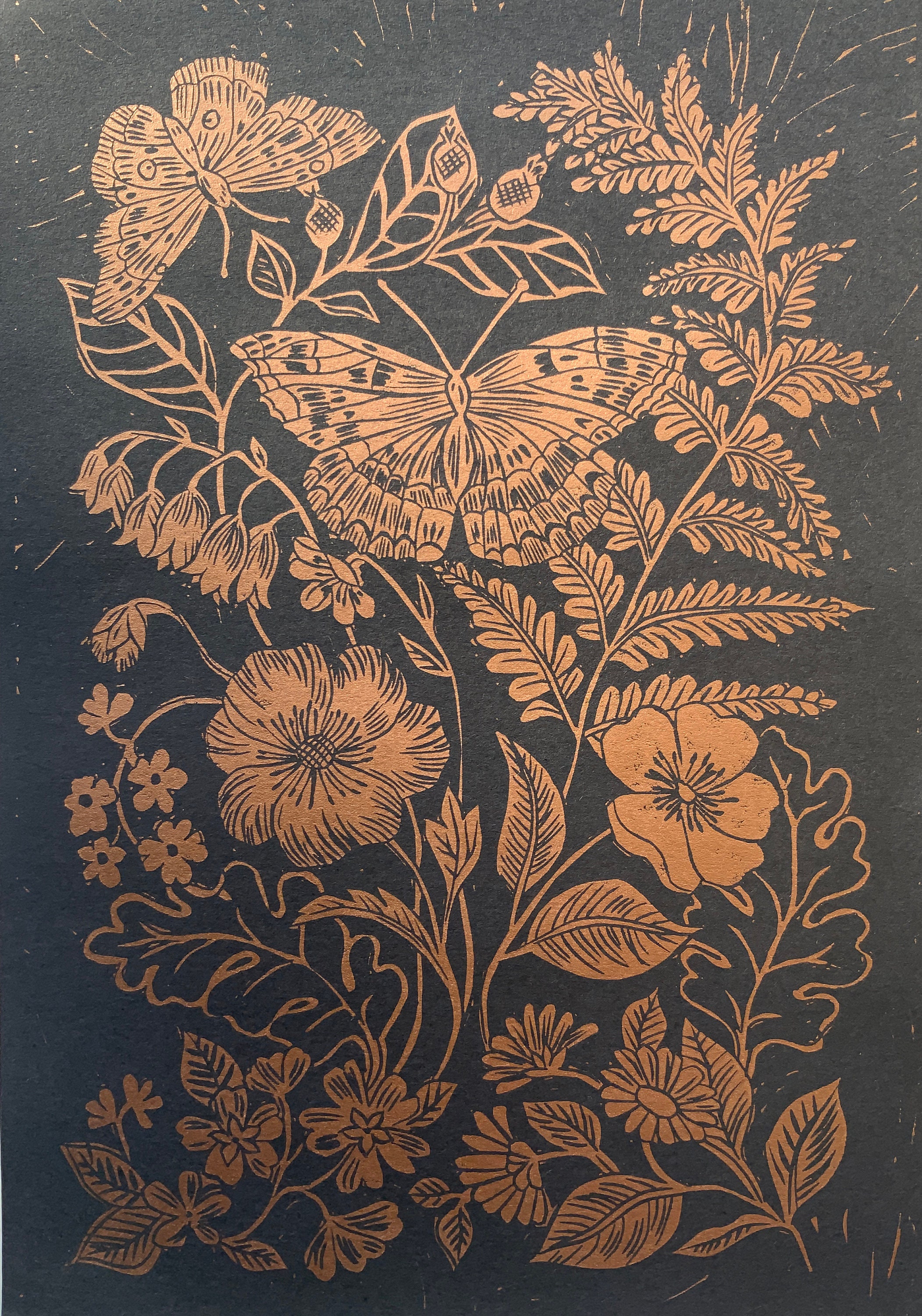 Signed 4-Inch Linoleum Block Print of a Butterfly with Birds - Farfalla