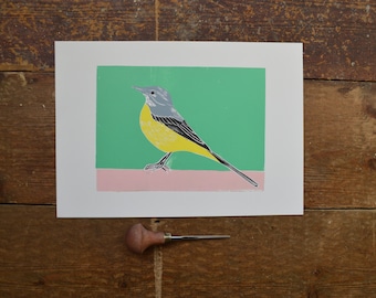 Linocut print| Grey wagtail | Handmade | Original | Hand Printed | Wall Art | Original | Print | Gift | Home Decor | A4