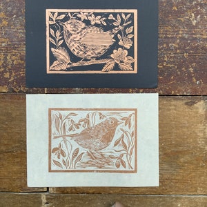 Linocut print Little Robin and snowdrops Gorgeous copper Lokta paper Copper ink A5 image 4