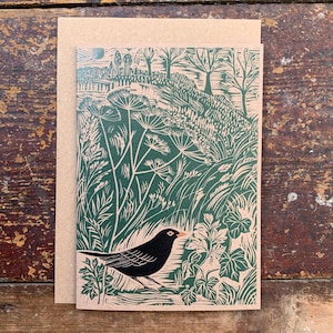 Linocut print Blackbird Greeting Card Bird Birthday Card Nature Card Hand Printed Block Print Digital Print Art Card image 1