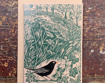 Linocut print - Blackbird - Greeting Card - Bird - Birthday Card - Nature Card - Hand Printed - Block Print- Digital Print - Art Card