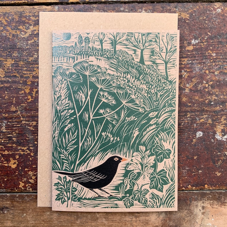 Linocut print Blackbird Greeting Card Bird Birthday Card Nature Card Hand Printed Block Print Digital Print Art Card image 1