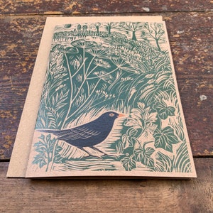 Linocut print Blackbird Greeting Card Bird Birthday Card Nature Card Hand Printed Block Print Digital Print Art Card image 2