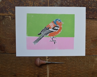 Linocut print / Chaffinch / Arte original / Naturaleza muerta / Lino Print coloreado / Impreso a mano / Arte mural / Impresión en bloque / Pájaro / Naturaleza