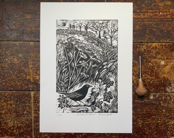 Meadow Blackbird Original Linocut Print