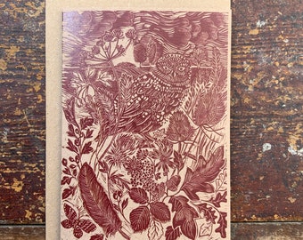 Linocut card Owl - Bird - Greeting Card - Birthday Card - Nature Card - Hand Printed - Block Print- Digital Print - Art Card