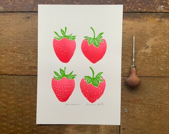 Linocut print strawberry - Woodblock - A4 - Fruit - Wall Art - Handprinted - Original | Print | Gift | Home Decor - Linoprint