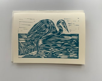 Linocut Print - Heron  - Greetings Card - Handprinted  - Green - A5 - Blank inside