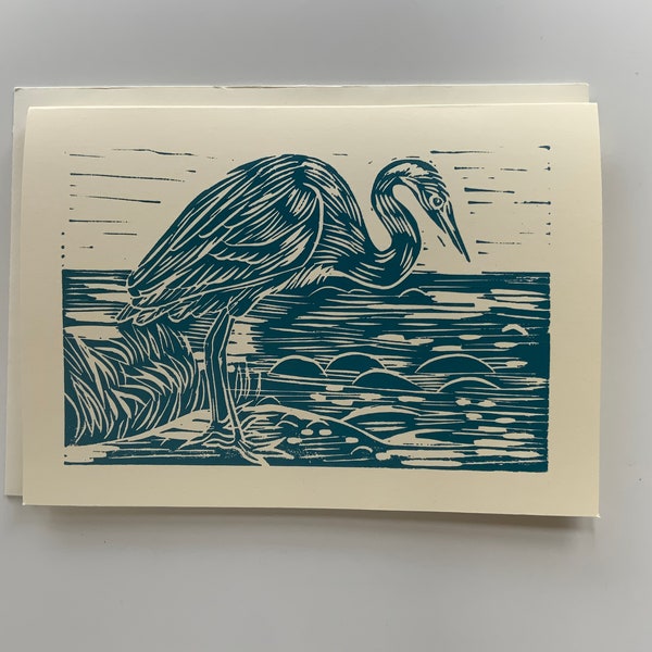 Linocut Print - Héron - Carte de vœux - Imprimé à la main - Vert - A5 - Blanc à l’intérieur