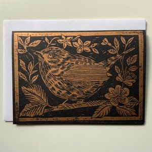 Impressão em linóleo - Wren - Impressão manual - Cartão comemorativo - Impressão em bloco - Cartão de arte