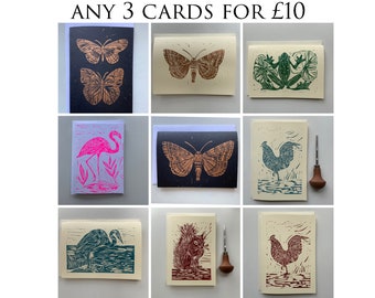 Linocut print card bundle - Any 3 cards - handprinted - mix and match - greeting card - blank inside  - Nature inspired - Occasion