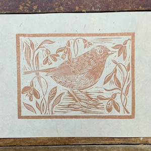 Linocut print Little Robin and snowdrops Gorgeous copper Lokta paper Copper ink A5 image 2