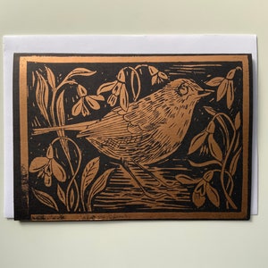 Linolschnitt Karte Rotkehlchen - Schneeglöckchen - Handbedruckt - Handgemachte Karte - Kunstkarte - Vogel