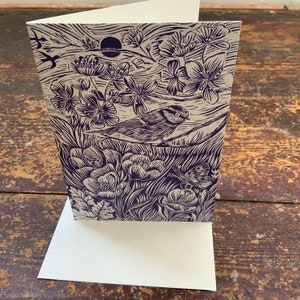 Linocut print Bluetit Greeting Card Bird Birthday Card Nature Card Hand Printed Block Print Digital Print Art Card image 4