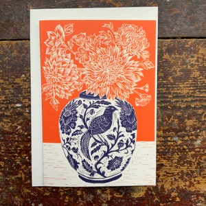 Linocut print Flowers Greeting Card Vase Birthday Card Nature Card Hand Printed Block Print Digital Print Art Card image 2