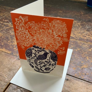 Linocut print Flowers Greeting Card Vase Birthday Card Nature Card Hand Printed Block Print Digital Print Art Card image 3