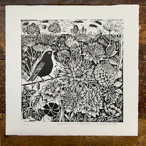Amsel und Dahlien Linolschnitt