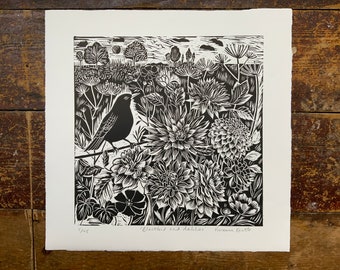 Blackbird and Dahlias linocut