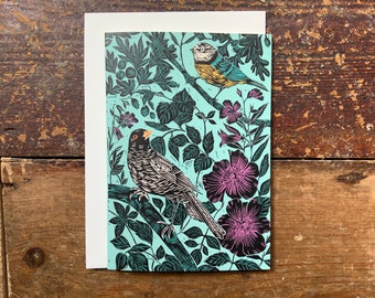 Linocut print - Blackbird - Greeting Card - Bird - Birthday Card - bluetit