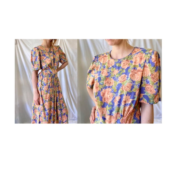 80s Floral Tea Dress / Vintage Cotton Grunge Dress