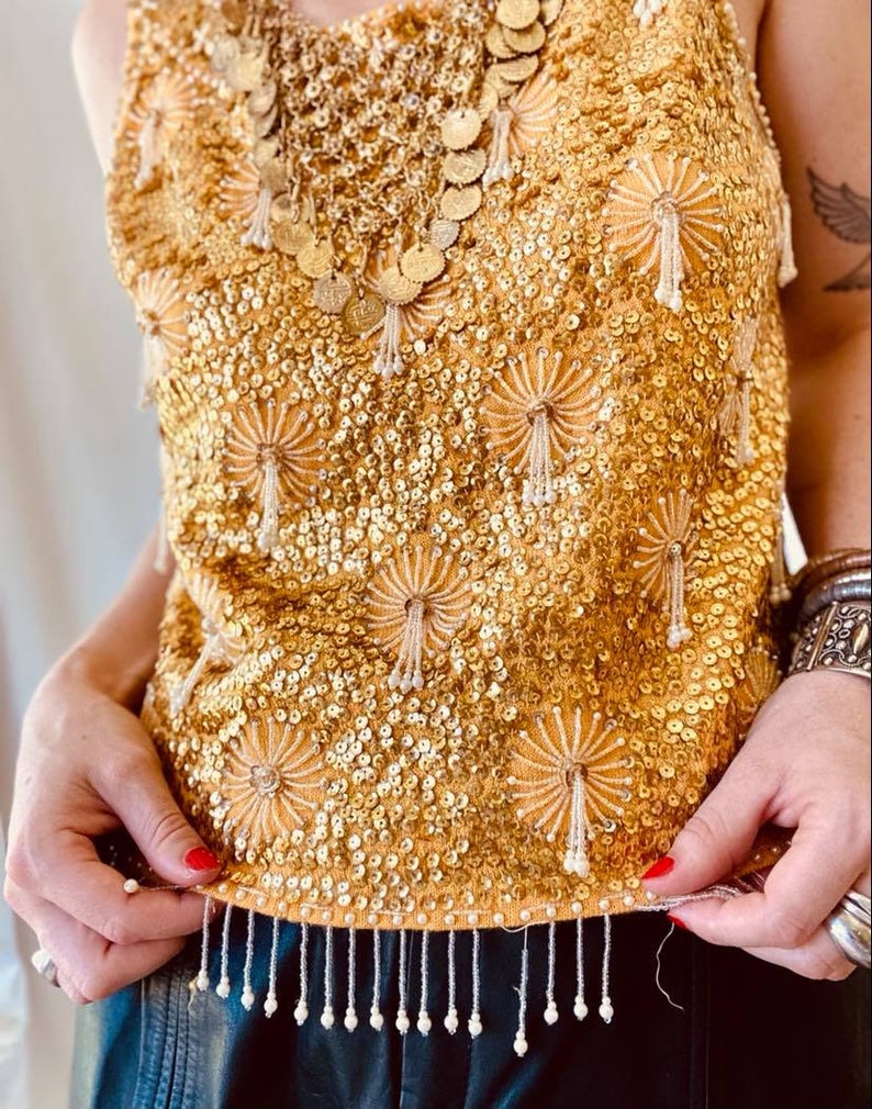 Vtg Gold Beaded Evening Top 60s Embellished Knit Blouse