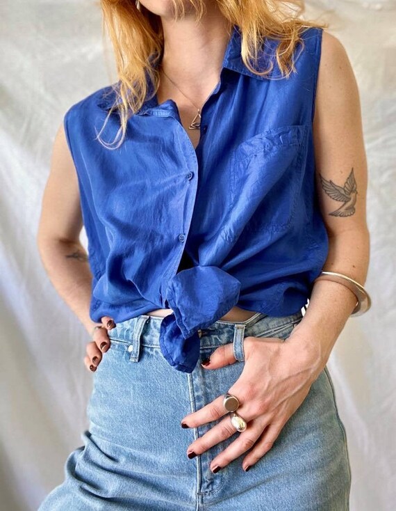 Vintage 90s Silk Blouse Electric Blue / Pure Silk