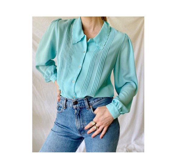Aquamarine Vintage 70s Blouse / 70s Prairie Blue B