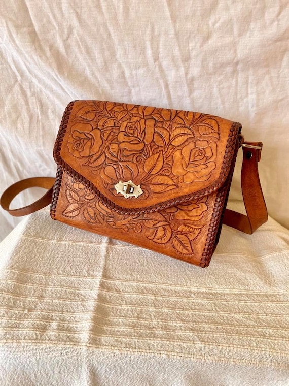 Vintage Tooled Leather Bag / 1970s Tooled Leather