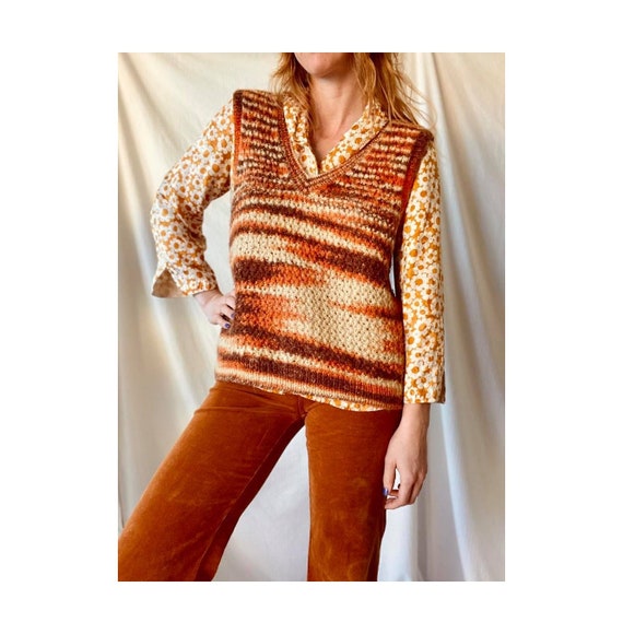 1970s Knit Wool Vest / Retro Orange Brown Knit Swe