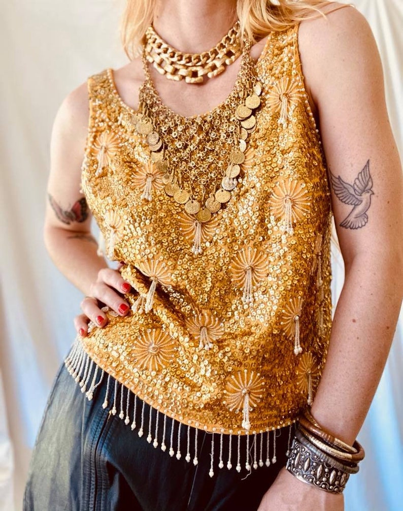 Vtg Gold Beaded Evening Top 60s Embellished Knit Blouse