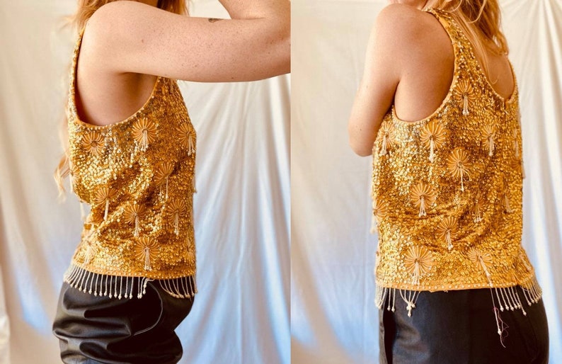 Vtg Gold Beaded Evening Top 60s Embellished Knit Blouse
