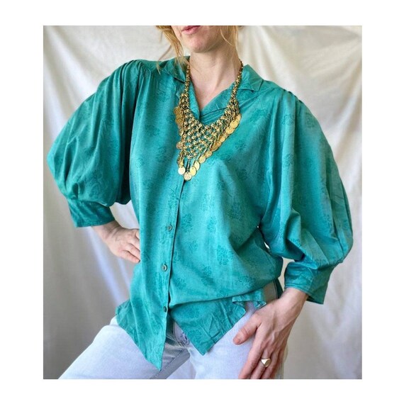 Vintage 1970s Turquoise Boho Blouse / Retro 70s 80
