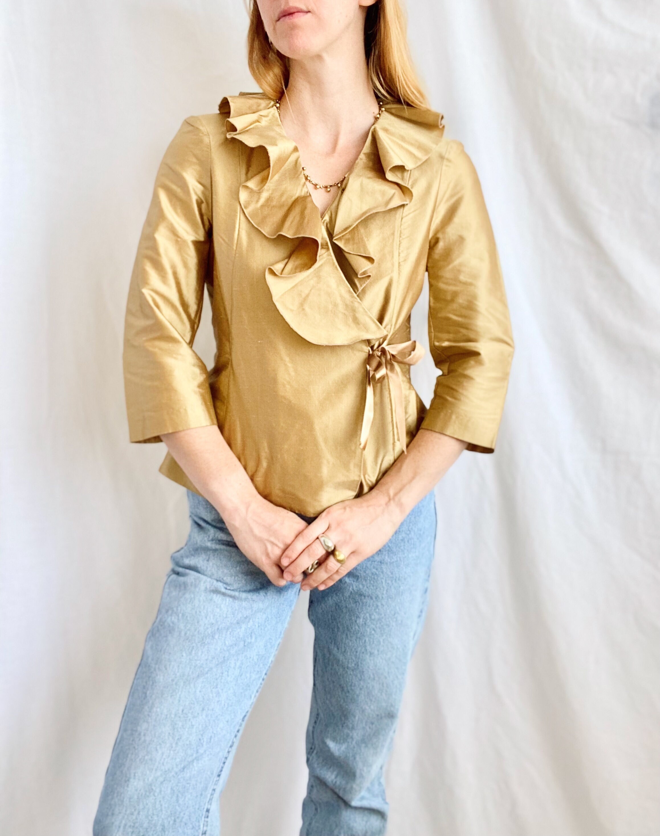 Vintage Gold Silk Ruffle Blouse 
