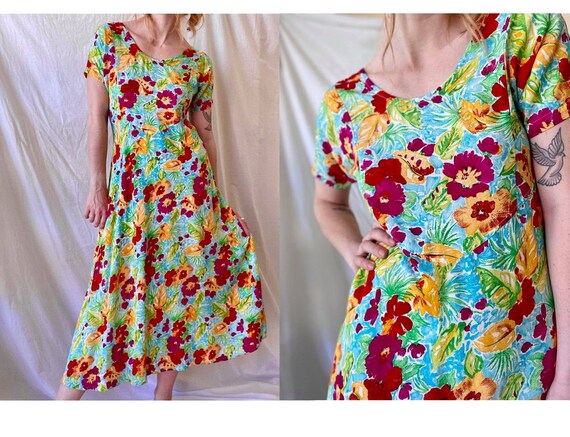 90s Hawaiian Print Cotton Floral Summer Dress / Tr