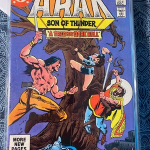May include: A comic book cover featuring a muscular man in a loincloth fighting a man in a red and yellow robe. The cover is titled "Arak, Son of Thunder" and features the text "A Tree from Dark Hell".
