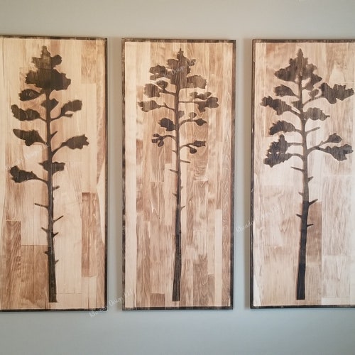 Large 3 Panel Carved Wooden Trees Tree Art Large Wall Art Etsy