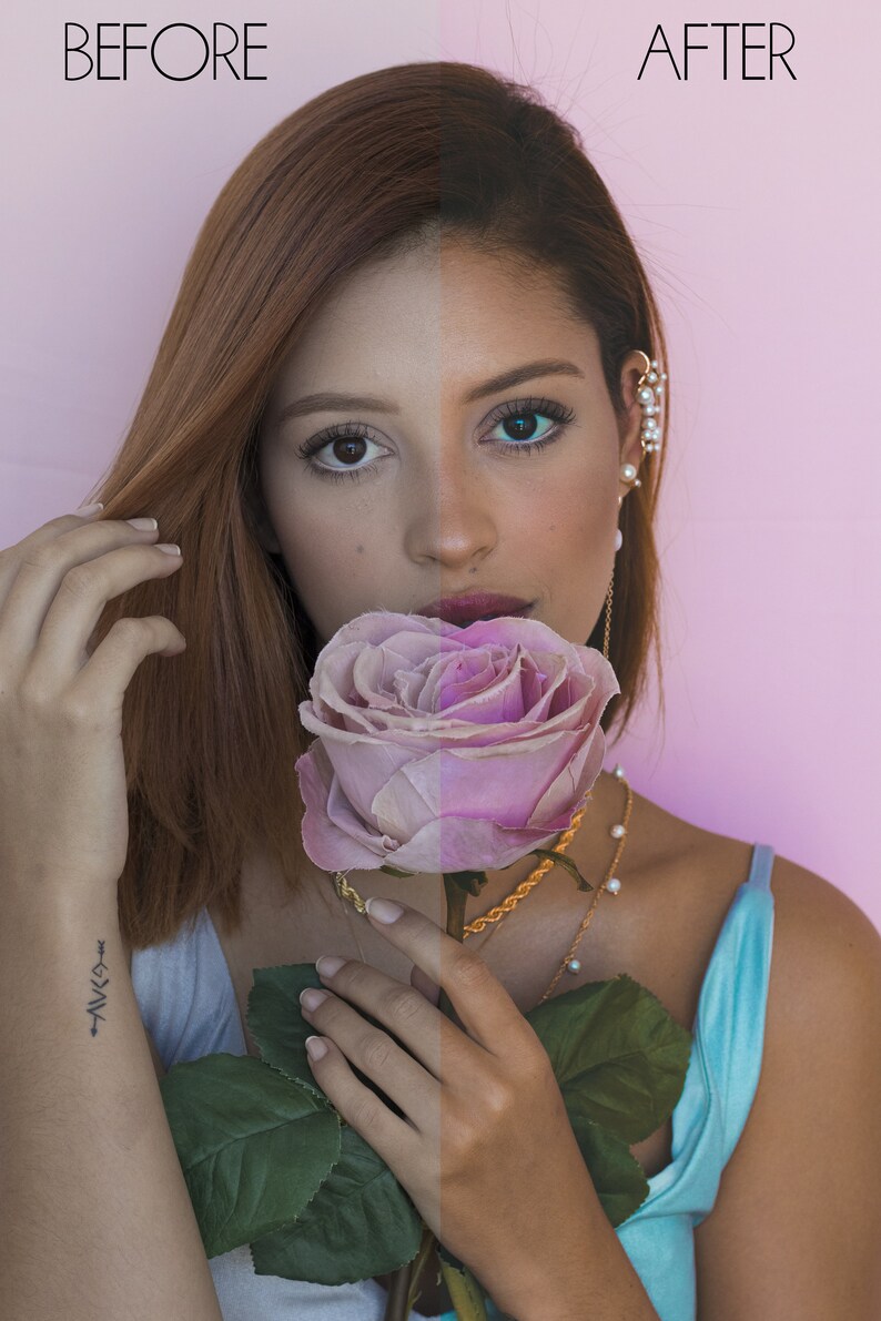 Puede incluir: Una mujer con cabello casta&ntilde;o sostiene una rosa rosa frente a su rostro. Lleva un top azul claro sin mangas y collares de oro. El fondo es rosa claro.