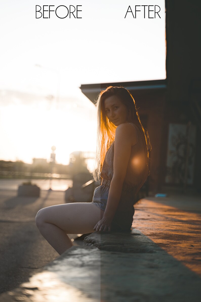 Puede incluir: Una mujer con el pelo largo y rubio se sienta en un borde de concreto, vestida con un vestido azul claro sin mangas y mirando por encima del hombro a la c&aacute;mara. El sol se pone detr&aacute;s de ella, proyectando un brillo c&aacute;lido en la escena.