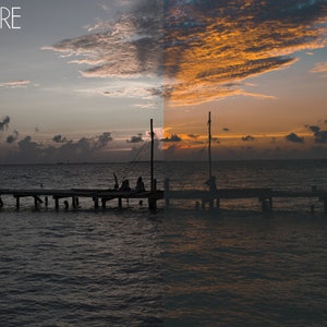 Puede incluir: Una imagen de antes y despu&eacute;s que muestra un efecto de edici&oacute;n de fotos. La imagen de antes muestra un cielo oscuro y nublado sobre un muelle de madera que se extiende hacia el agua. La imagen de despu&eacute;s muestra un cielo de puesta de sol naranja vibrante con nubes esponjosas.