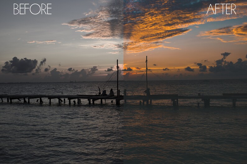 Puede incluir: Una imagen de antes y despu&eacute;s que muestra un efecto de edici&oacute;n de fotos. La imagen de antes muestra un cielo oscuro y nublado sobre un muelle de madera que se extiende hacia el agua. La imagen de despu&eacute;s muestra un cielo de puesta de sol naranja vibrante con nubes esponjosas.