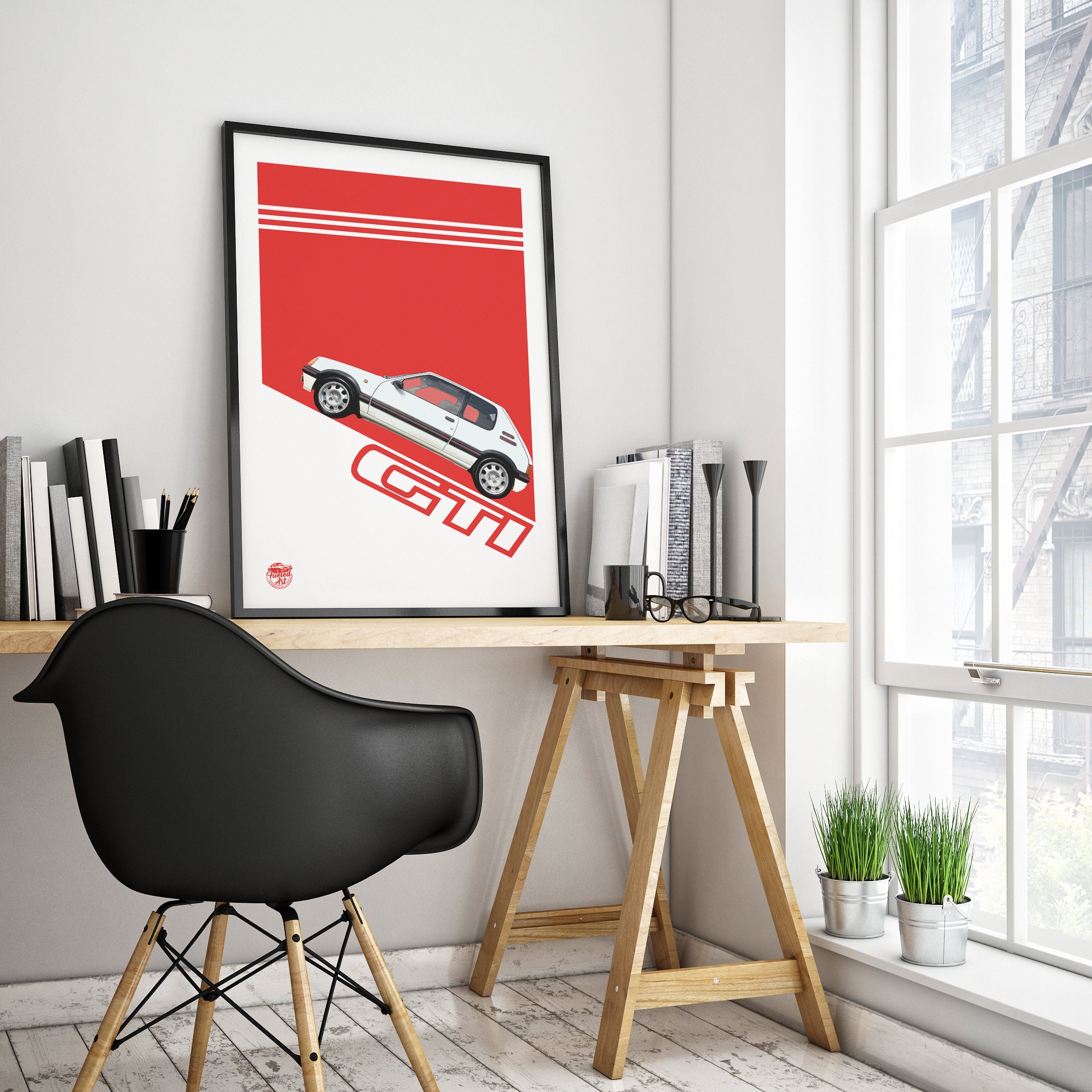 Poster Peugeot 205 – A4/A3/A2 – Impression D'Art Pop Art Par Chris Long – Voiture Rouge – Déco Murale Transport