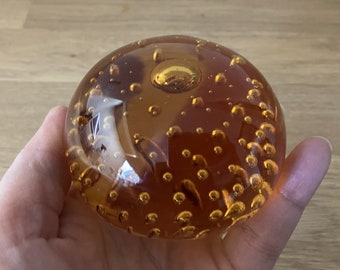 Vintage Art Glass Paperweight - Amber/Orange Bubbles