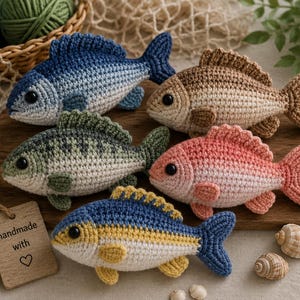 May include: A collection of five crocheted fish in various colors, including blue, brown, green, pink, and yellow. Each fish has black eyes and detailed fins. A wooden tag with "handmade with" and a heart is visible.