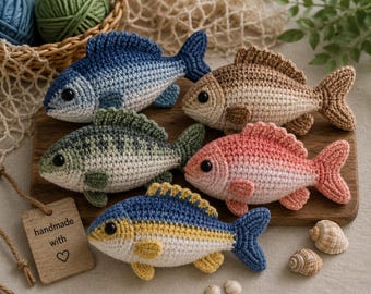 リアルなかぎ針編みの魚のパターンセット、あみぐるみチュートリアル、海のぬいぐるみPDF