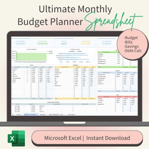 Monthly Excel Budget Planner Spreadsheet: Fully Automated | Savings Goal Tracker | Debt Snowball Calculator | Spending Tracker