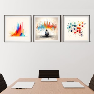 Set of 3 Colorful, Data Analytics Art Prints | 12x12 | Minimalistic Illustration | Unique Office Decor | Abstract Data Analytics Art