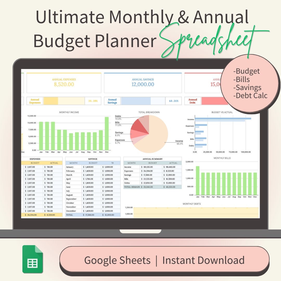 Ultimate Budget Planner Spreadsheet: Monthly & Annual | Google Sheets ...