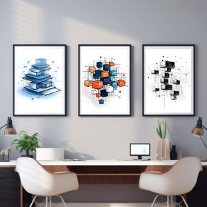 Set of 3 Data Structures Art Prints - Modern Data Science Decor | Minimalistic Illustration | Blue, Black & Orange | Office Wall Art