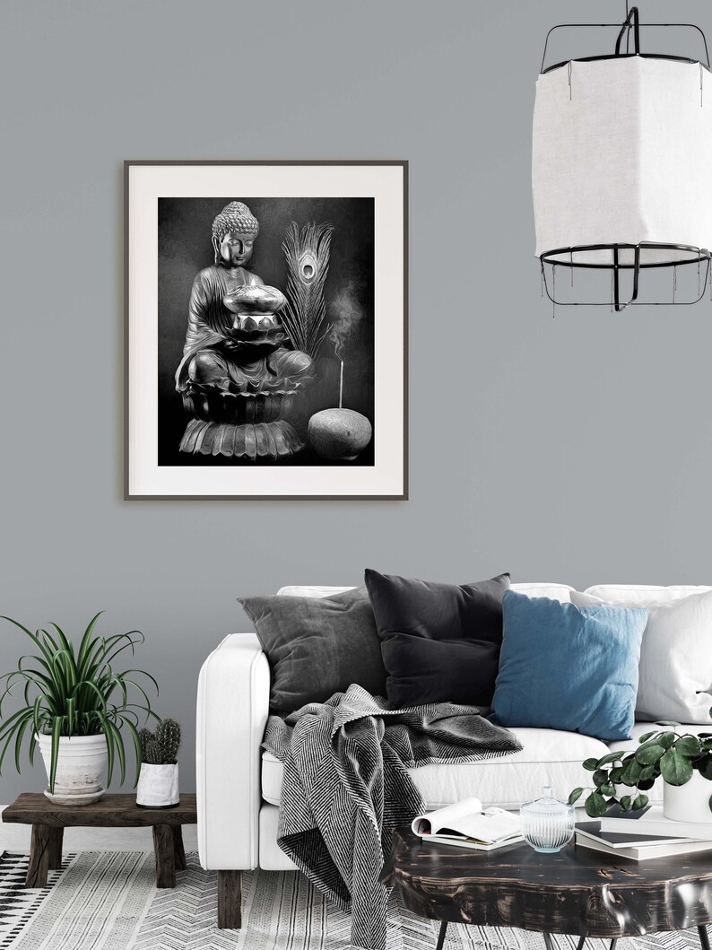 Yoga Wall Art Buddha Contemplates Flame Wall Art Zen Digital Download Meditation Art Black and White Buddha Wall Art Buddha Painting